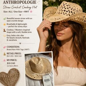 Anthropologie Straw Crochet Cowboy Hat | Boho Western | NWT | Adjustable